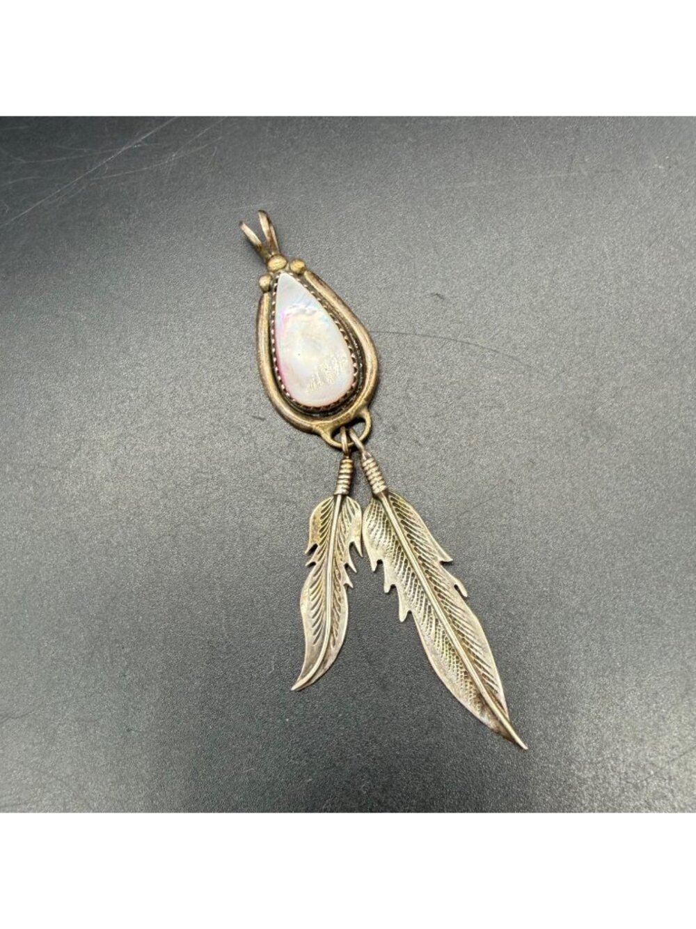 Vintage Sterling Silver Feather Pendant Teardrop Mother of Pearl Southwestern